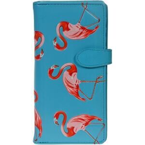 Shag Wear Womens Large Faux Leather Clutch Wallet - Flamingos, Sky Blue NWT